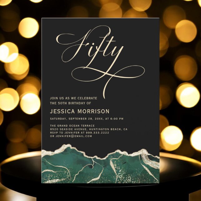 Convite Emerald Green Dourado Agate 50º 50º Festa de anive (Criador carregado)