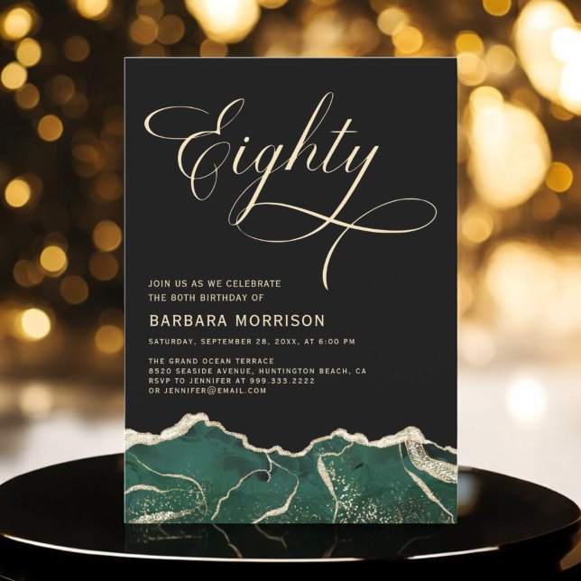 Convite Emerald Green Dourado Agate 80 Oitavo Aniversário (Criador carregado)