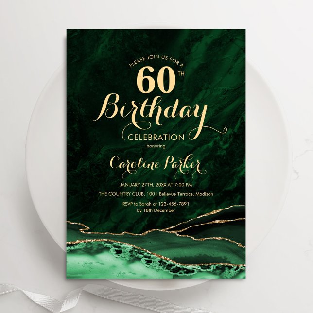 Convite Emerald Green Dourado Agate Marble 60º aniversário (Criador carregado)