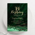 Convite Emerald Green Dourado Agate Marble aniversário de<br><div class="desc">Emerald Green e ouro agate aniversário de 21 anos convite de festas. Elegante design moderno com aquarela agate marble geode background, faux glitter gold e typografia script font. Trendy convida o cartão perfeito para uma comemoração de dia das mulheres na moda. Impressos convites Zazzle ou modelo de impressão digital instantânea...</div>