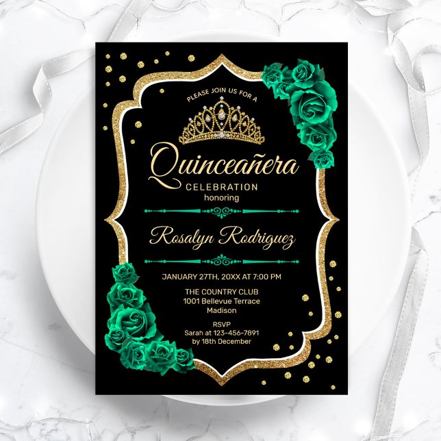 Convite Emerald Green Dourado Black Elegante Quinceanera (Criador carregado)