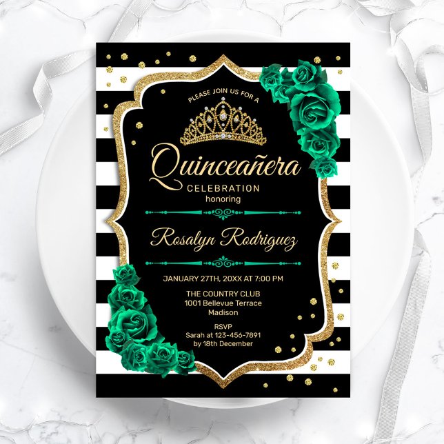 Convite Emerald Green Dourado Black Elegante Quinceanera (Criador carregado)