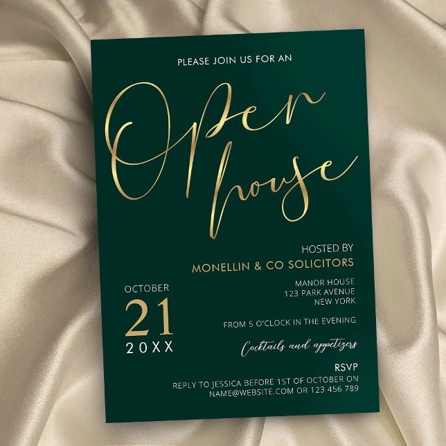 Convite Emerald Green & Dourado Elegant Business Open Hous (Professional company open house event green and gold calligraphy invitations for business)