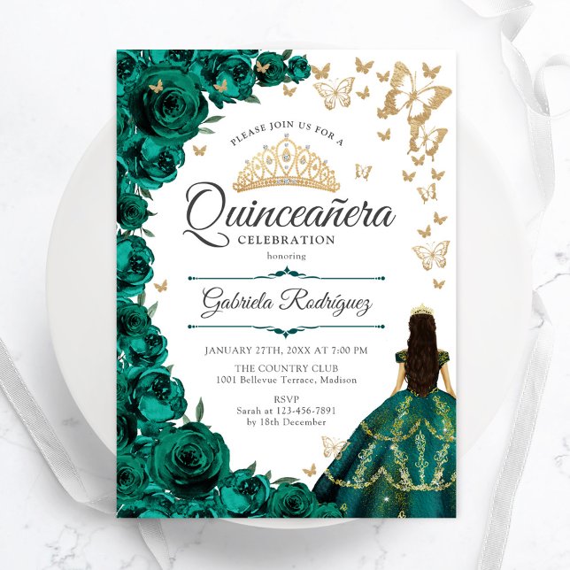 Convite Emerald Green Dourado Floral Quinceanera (Criador carregado)