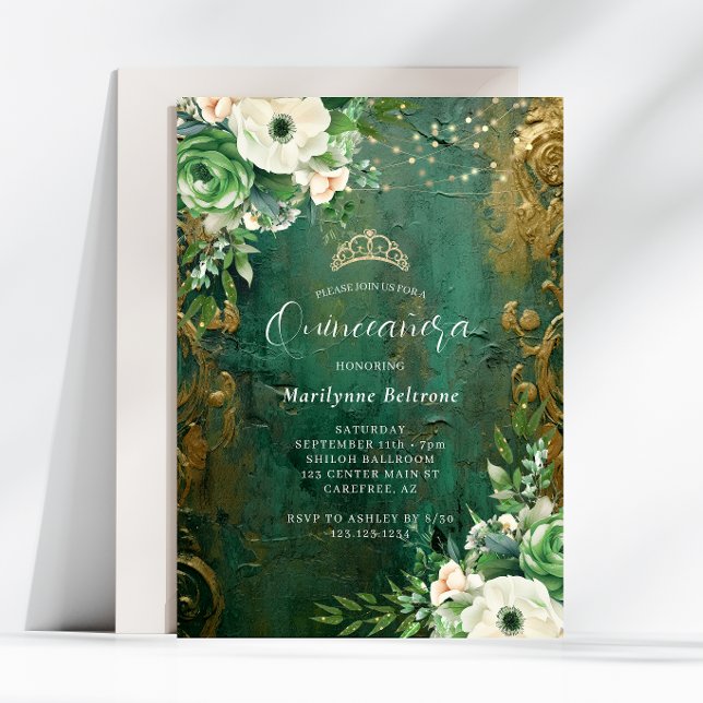 Convite Emerald Green Dourado Floral Quinceañera (Criador carregado)