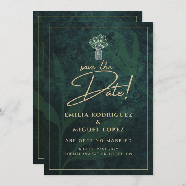 Convite Emerald Green Dourado Gypsophila SAVE DATE (Frente/Verso)