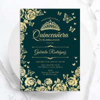 Emerald Green Dourado Rosas Borboletas Quinceanera