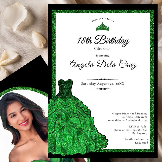 Convite Emerald Green Dress and Tiara 18th Birthday Debut  (Criador carregado)