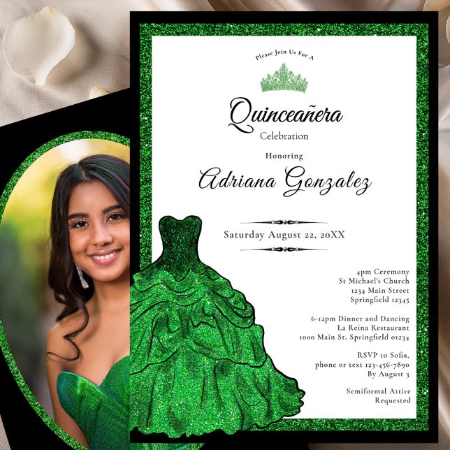 Convite Emerald Green Dress Custom Photo Quinceanera (Criador carregado)
