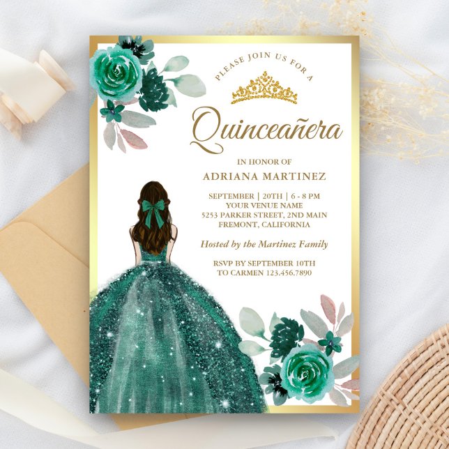 Convite Emerald Green Dress Floral Dourada Quinceanera (Criador carregado)