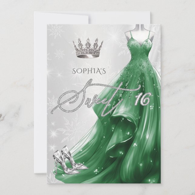 Convite Emerald Green Dress Snowflakes Winter Sweet 16 (Frente)