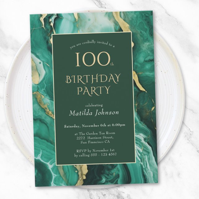 Convite Emerald Green e Agate Dourado 100º Aniversário (Emerald Green and Gold Agate 100th Birthday Invitation)