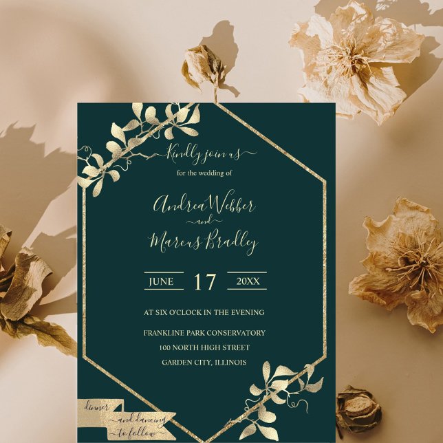 Convite Emerald Green e Champagne (Elegant emerald green and Champagne gold modern invitation)