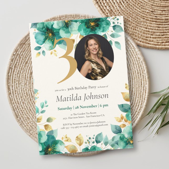 Convite Emerald Green e Dourada aniversário de 30 anos Flo (Emerald Green and Gold Floral 30th Birthday Invitation)