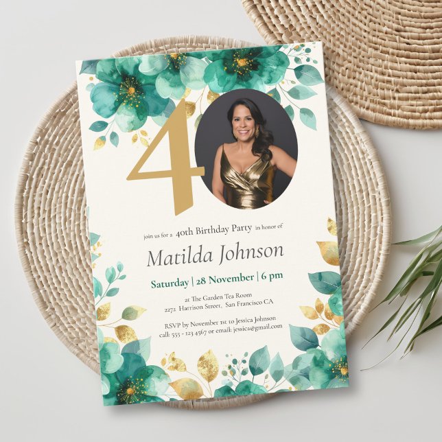 Convite Emerald Green e Dourada aniversário de 40 anos Flo (Emerald Green and Gold Floral 40th Birthday Invitation)