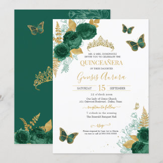 Convite Emerald Green e Dourada Borboleta Floral Quinceañe