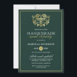 Convite Emerald Green e Dourada Mascarada Doce 16 Festa<br><div class="desc">Emerald Green e Dourado Mascarada Doce 16 Convites de festas. Apresentando uma máscara de folha de ouro falsa no topo contra um fundo verde esmeralda. Perfeito para uma festa de aniversário 16 moderna,  mas elegante!</div>