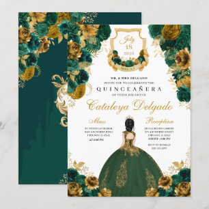 Convite Emerald Green e Dourada Quinceañera Floral