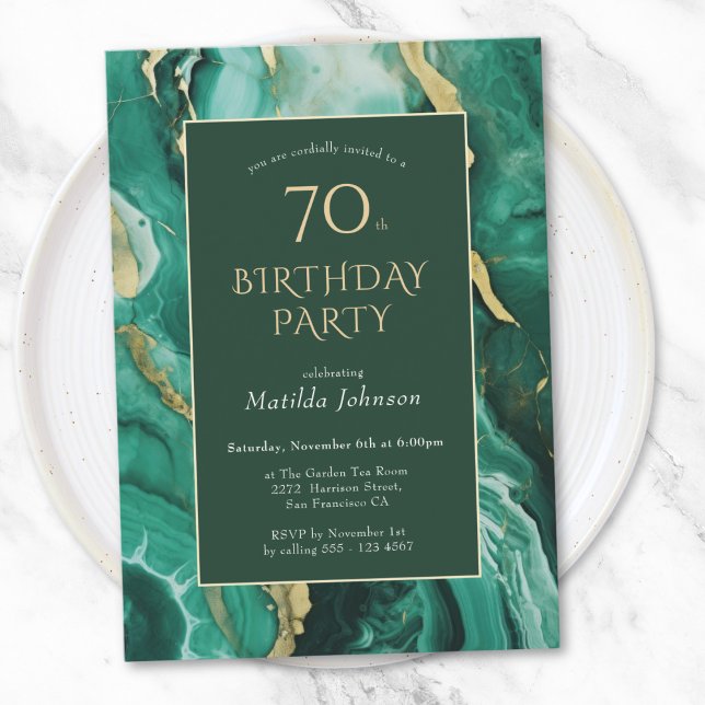 Convite Emerald Green e Dourado Agate 70 Birthday (Emerald Green and Gold Agate 70th Birthday Invitation)