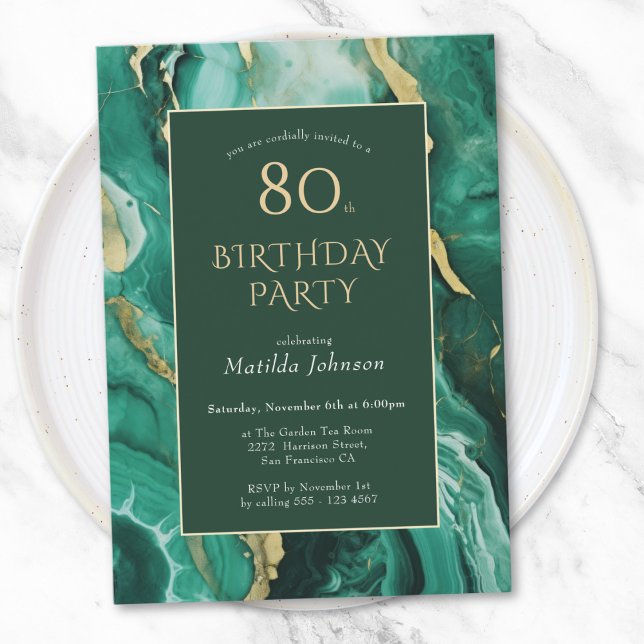 Convite Emerald Green e Dourado Agate 80 Birthday (Emerald Green and Gold Agate 80th Birthday Invitation)