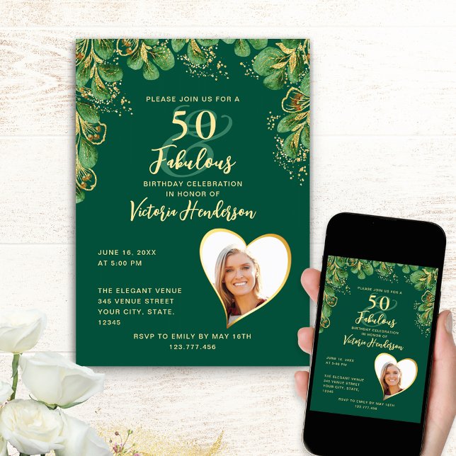 Convite Emerald Green e Dourado Eucalyptus 50º aniversário (Custom Birthday Invitation with Emerald Green Design)