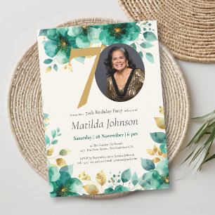 Convite Emerald Green e Dourado Floral 70 Birthday