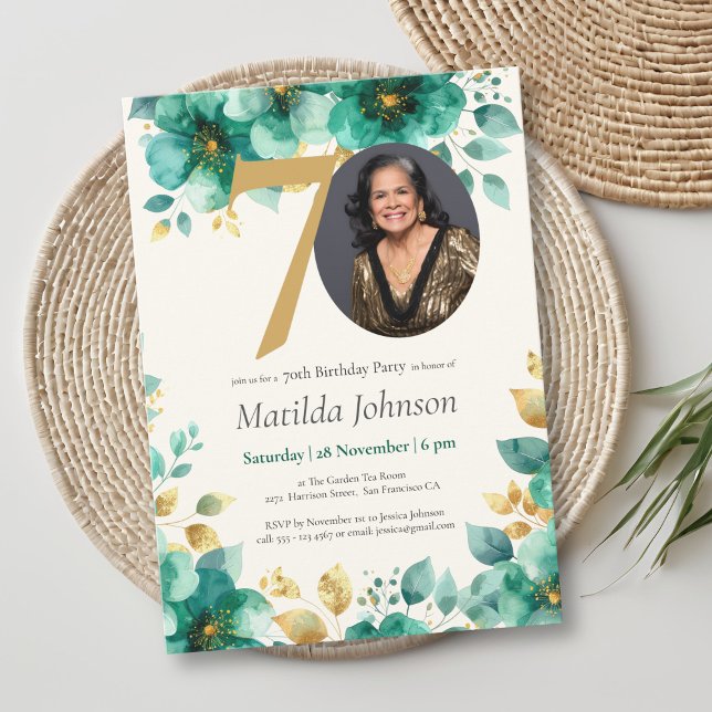 Convite Emerald Green e Dourado Floral 70 Birthday (Emerald Green and Gold Floral 70th Birthday Invitation)