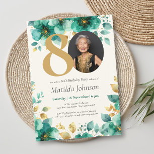 Convite Emerald Green e Dourado Floral 80 Birthday