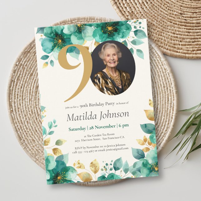 Convite Emerald Green e Dourado Floral 90 Birthday (Emerald Green and Gold Floral 90th Birthday Invitation)