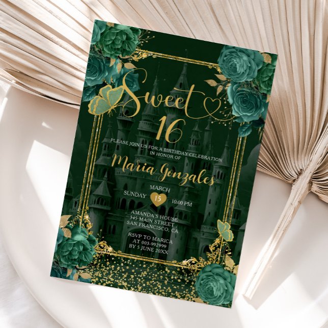 Convite Emerald Green e Dourado Sweet 16 Girl Birthday (Criador carregado)