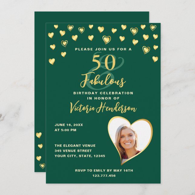 Convite Emerald Green e Elegante Dourado 50º aniversário (Frente/Verso)
