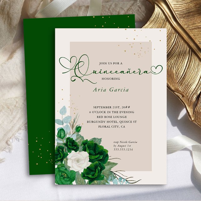 Convite Emerald Green e Ivory Rosas Elegante Quinceanera (Quinceanera Invitation from the Royal Rose Emerald Green Quinceanera Collection by Darling & May)