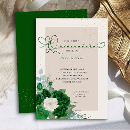 Convite Emerald Green e Ivory Rosas Elegante Quinceanera