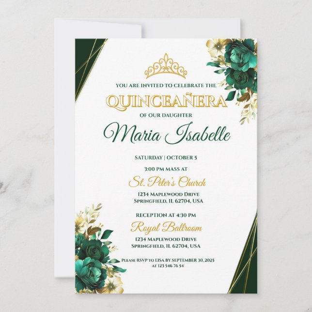 Convite Emerald Green e Quinceañera Dourada (Frente)