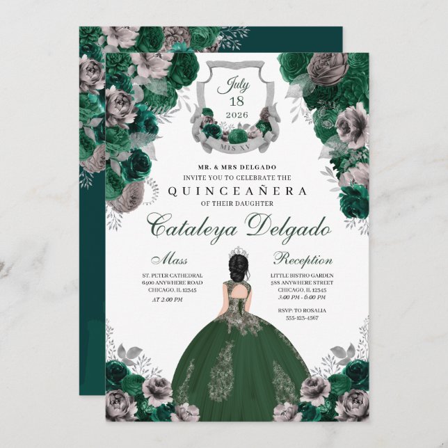 Convite Emerald Green e Silver Floral Elegante Quinceañera (Frente/Verso)