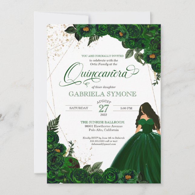 Convite Emerald Green Elegant Rosas e Gown 2 Quinceanera (Frente)