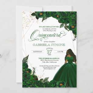 Convite Emerald Green Elegant Rosas e Gown 2 Quinceanera