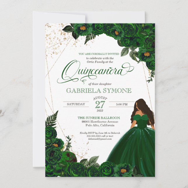 Convite Emerald Green Elegant Rosas e Gown 2 Quinceanera (Frente)