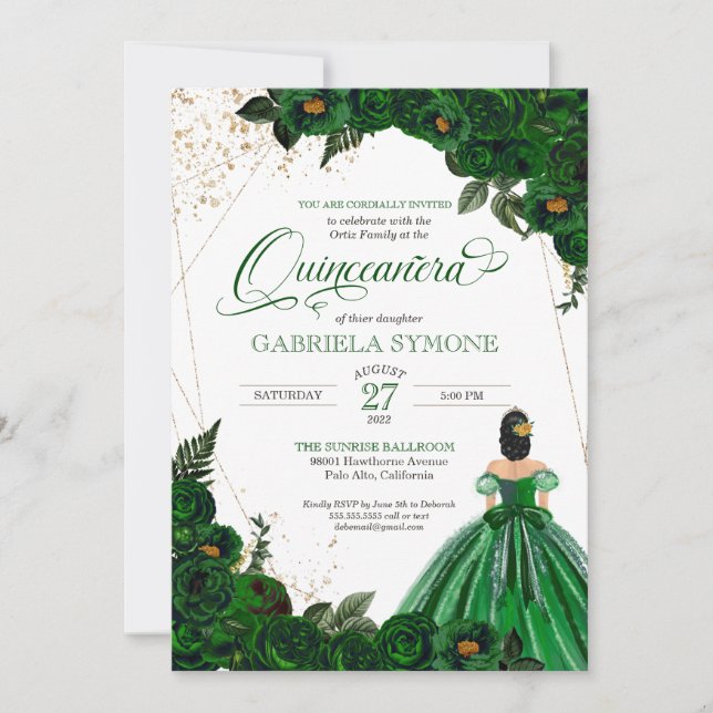 Convite Emerald Green Elegant Rosas e Gown Quinceanera I (Frente)