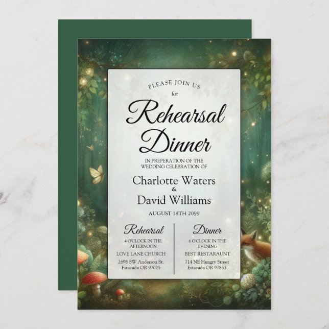 Convite Emerald Green Enchanted Forest Rehearsal Dinner (Frente/Verso)