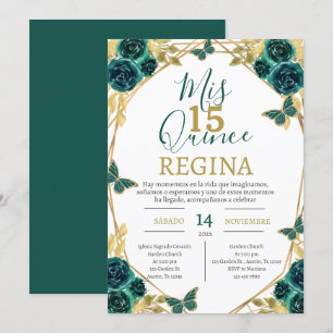 Convite Emerald Green Floral Butterflies Quinceañera