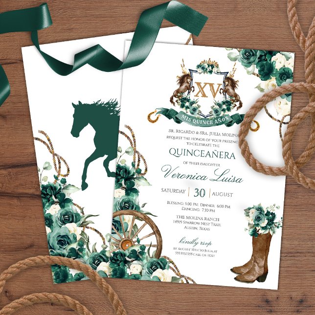 Convite Emerald Green Floral Crest Charro Quinceanera (Criador carregado)