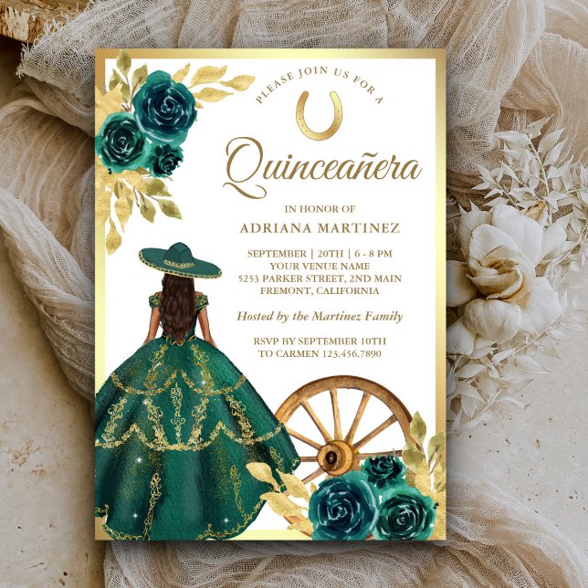 Convite Emerald Green Floral Dress Charro Dourado Quincean (Criador carregado)