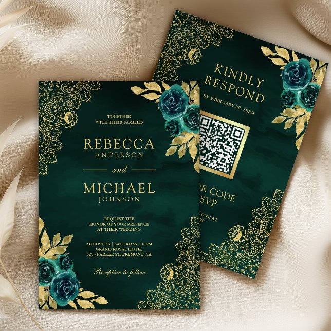 Convite Emerald Green Floral Gold Lace QR Code Wedding (Criador carregado)