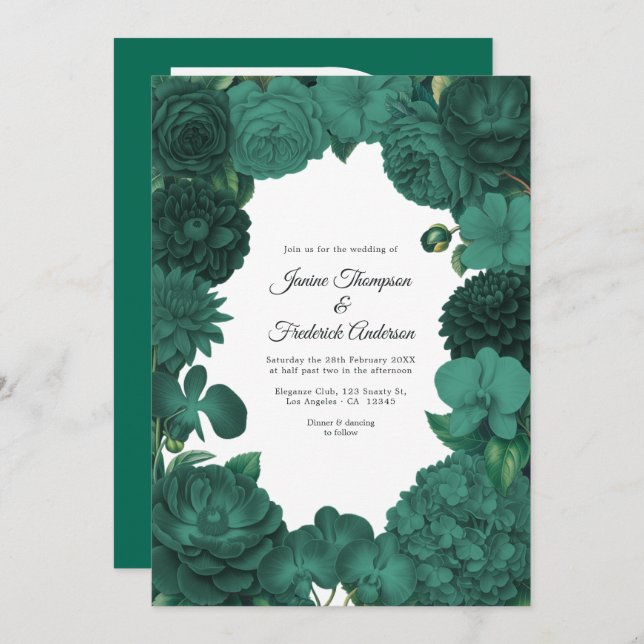 Convite Emerald Green Floral Photo and QR Code Wedding (Frente/Verso)