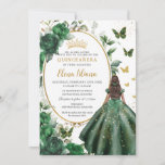 Convite Emerald Green Floral Princess Dress Quinceañera<br><div class="desc">Personalize este bonito convite para 16 anos de café verde-esmeralda Quinceañera/Sweet, fácil e rapidamente. Basta clicar no botão personalizar para editar os textos, alterar as fontes e as cores das fontes. Apresentando uma garota vestida com um belo vestido verde esmeralda, flores verdes esmeraldas quicas, borboletas e um espaço oval cortado...</div>