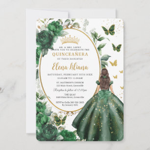 Convite Emerald Green Floral Princess Gown Quinceañera
