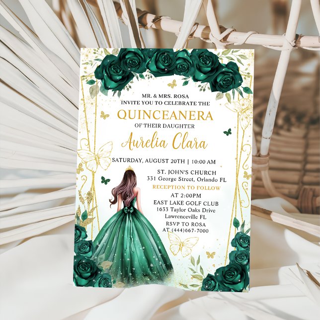 Convite Emerald Green Floral Princess Quinceañera (Criador carregado)