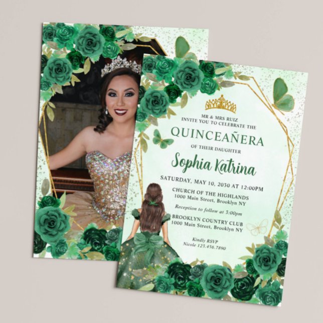 Convite Emerald Green Floral Princess Quinceañera Photo (Criador carregado)