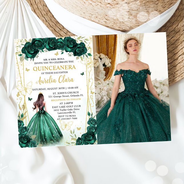 Convite Emerald Green Floral Princess Quinceañera Photo (Criador carregado)